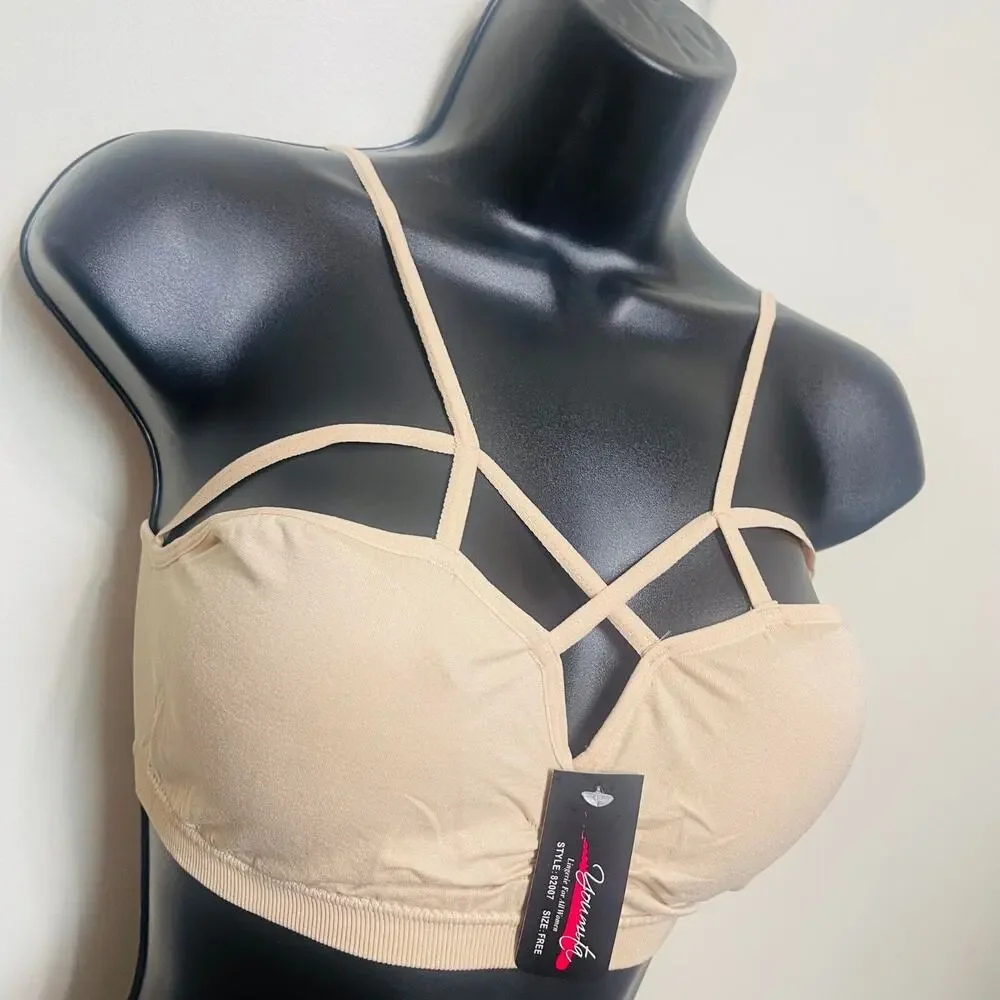 Youmita Seamless Bralette Criss-Cross Front, Free Size Fits S - L, Beige, PADDED